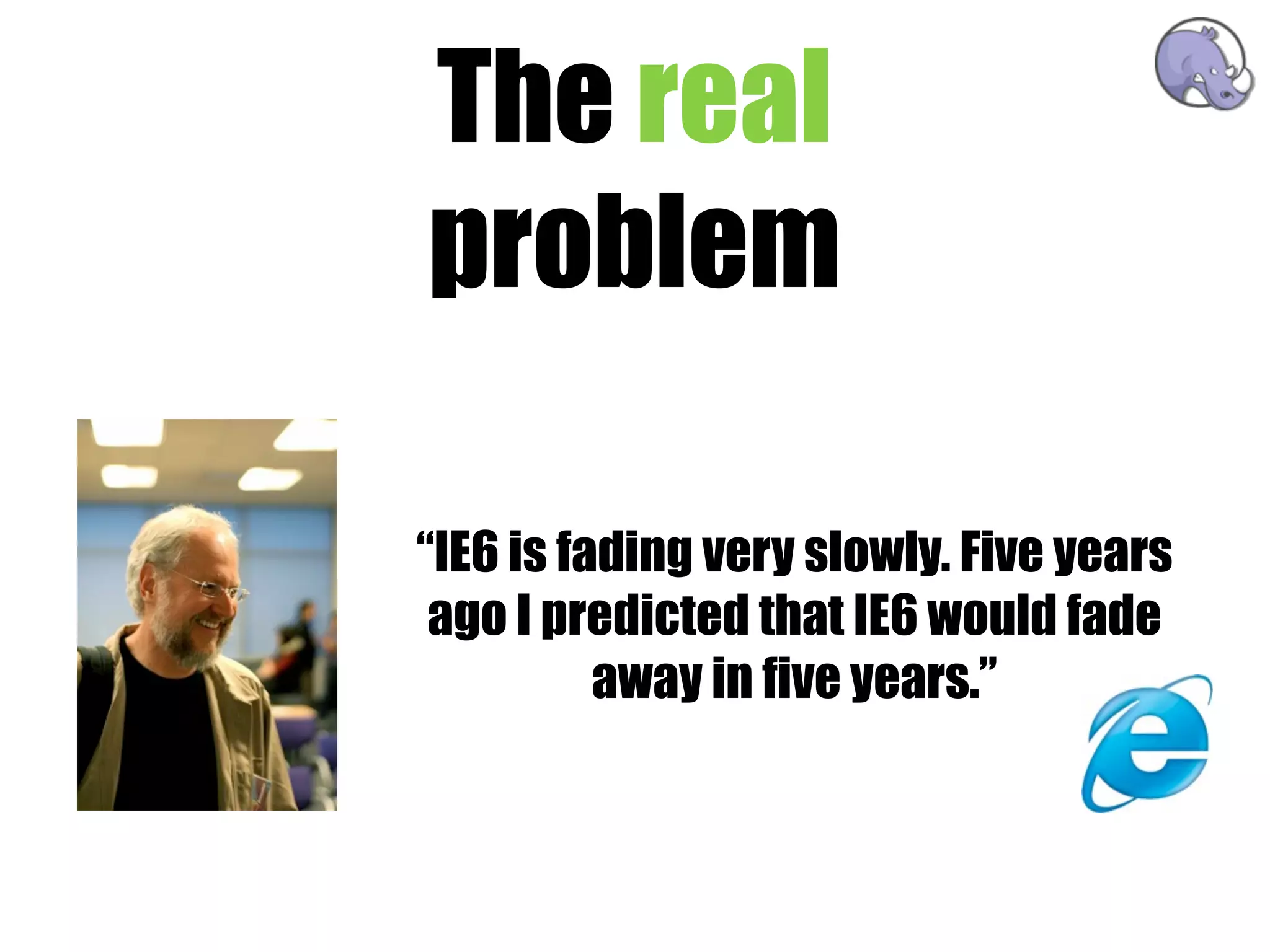 The real
problem

“IE6 is fading very slowly. Five years
 ago I predicted that IE6 would fade
          away in five years.”
 
