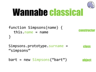 Wannabe classical
function  Simpsons(name)  {
                                  constructor
  this.name  =  name
}

Simpsons.prototype.surname  =       class
“simpsons”

bart  =  new  Simpsons(“bart”)      object
 