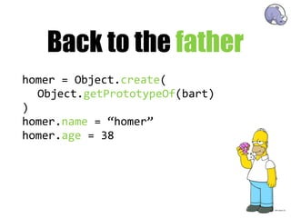 Back to the father
homer  =  Object.create(
  Object.getPrototypeOf(bart)
)
homer.name  =  “homer”
homer.age  =  38
 