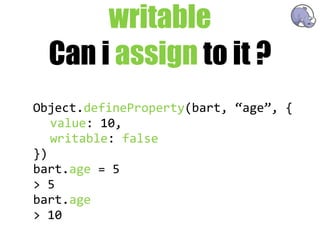 writable
  Can i assign to it ?
Object.defineProperty(bart,  “age”,  {
   value:  10,
   writable:  false
})
bart.age  =  5
>  5
bart.age
>  10
 