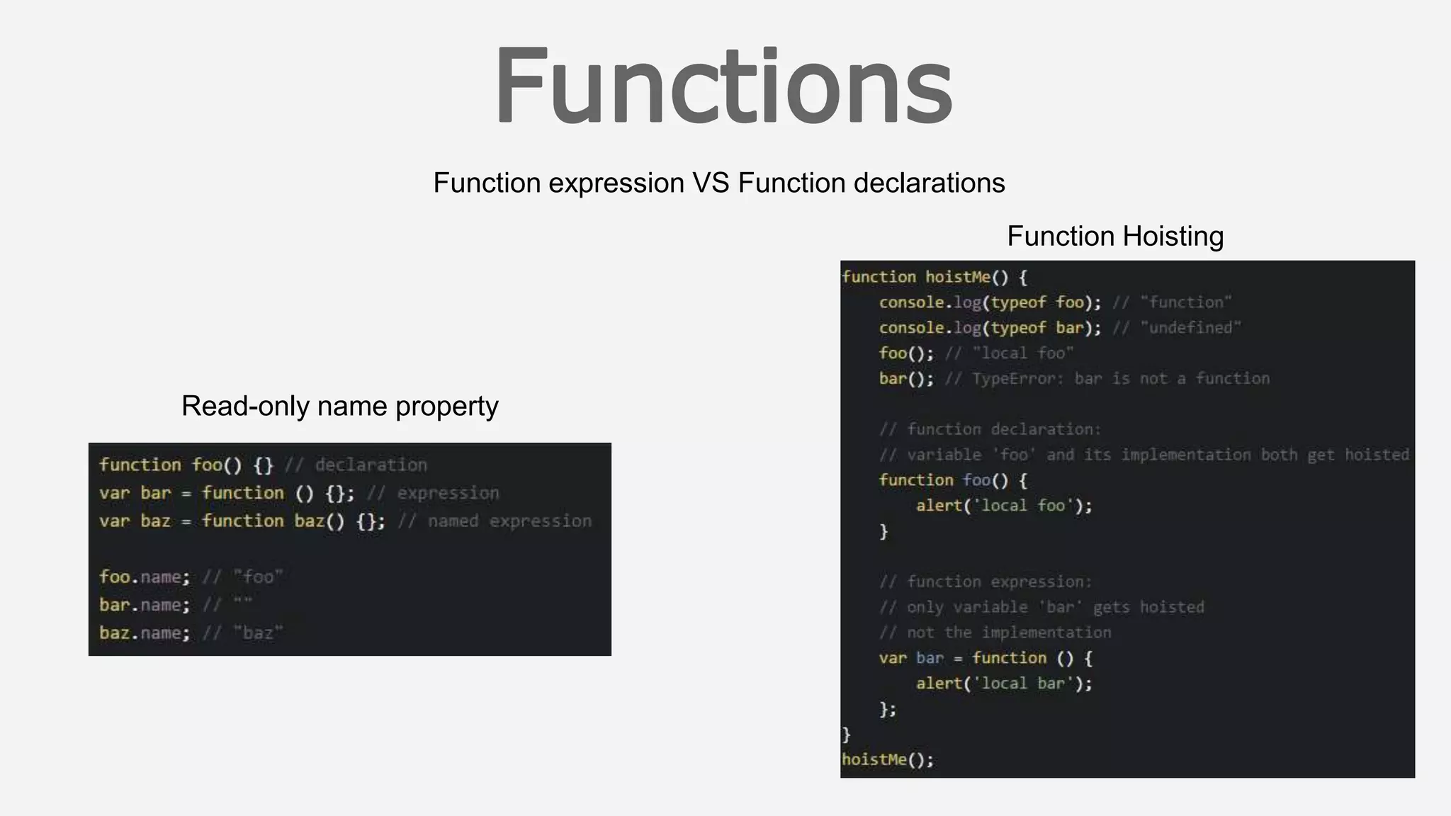 Function expression VS Function declarations
Read-only name property
Function Hoisting
 