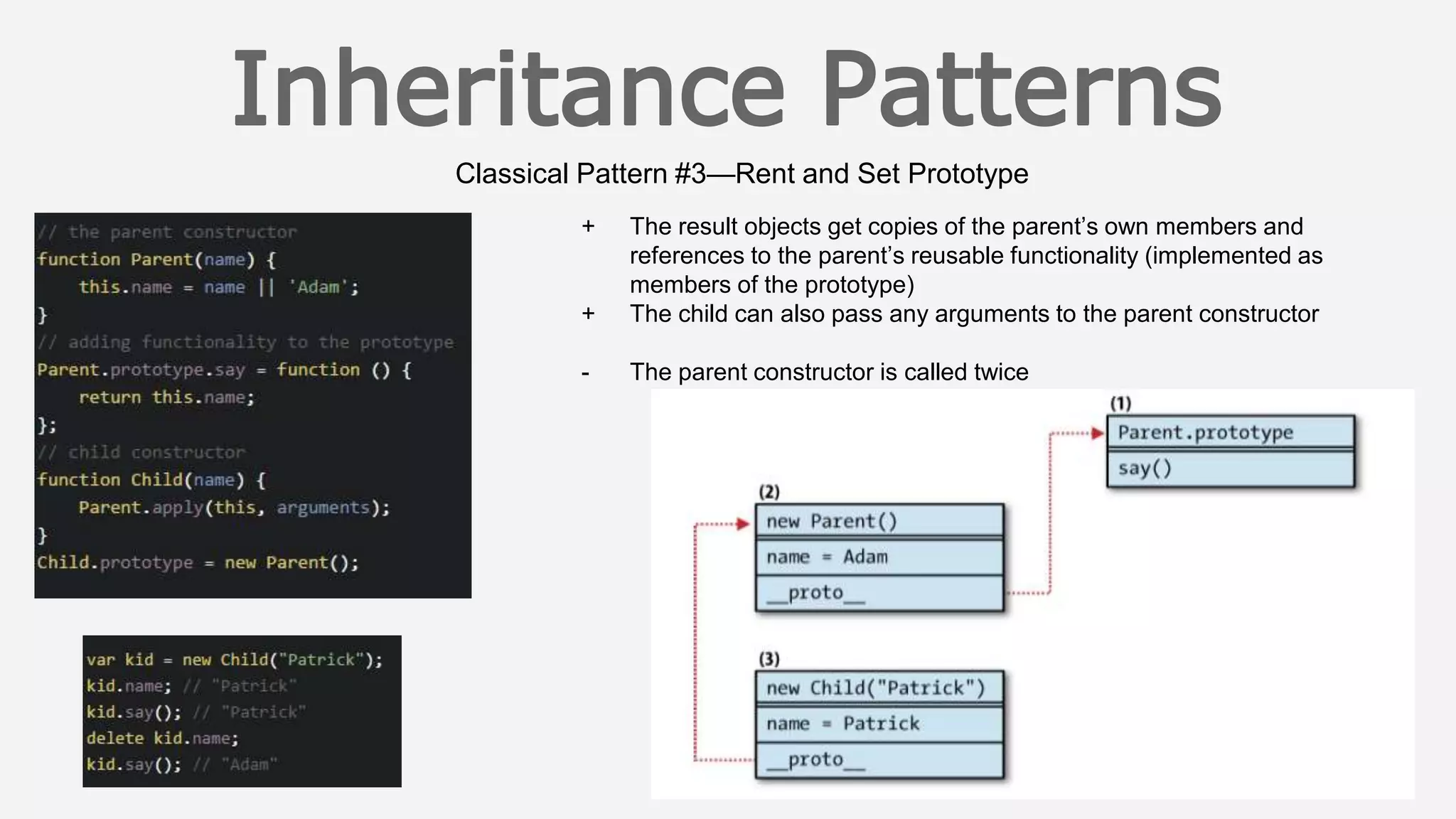 Classical Pattern #3—Rent and Set Prototype
+ The result objects get copies of the parent’s own members and
references to the parent’s reusable functionality (implemented as
members of the prototype)
+ The child can also pass any arguments to the parent constructor
- The parent constructor is called twice
 
