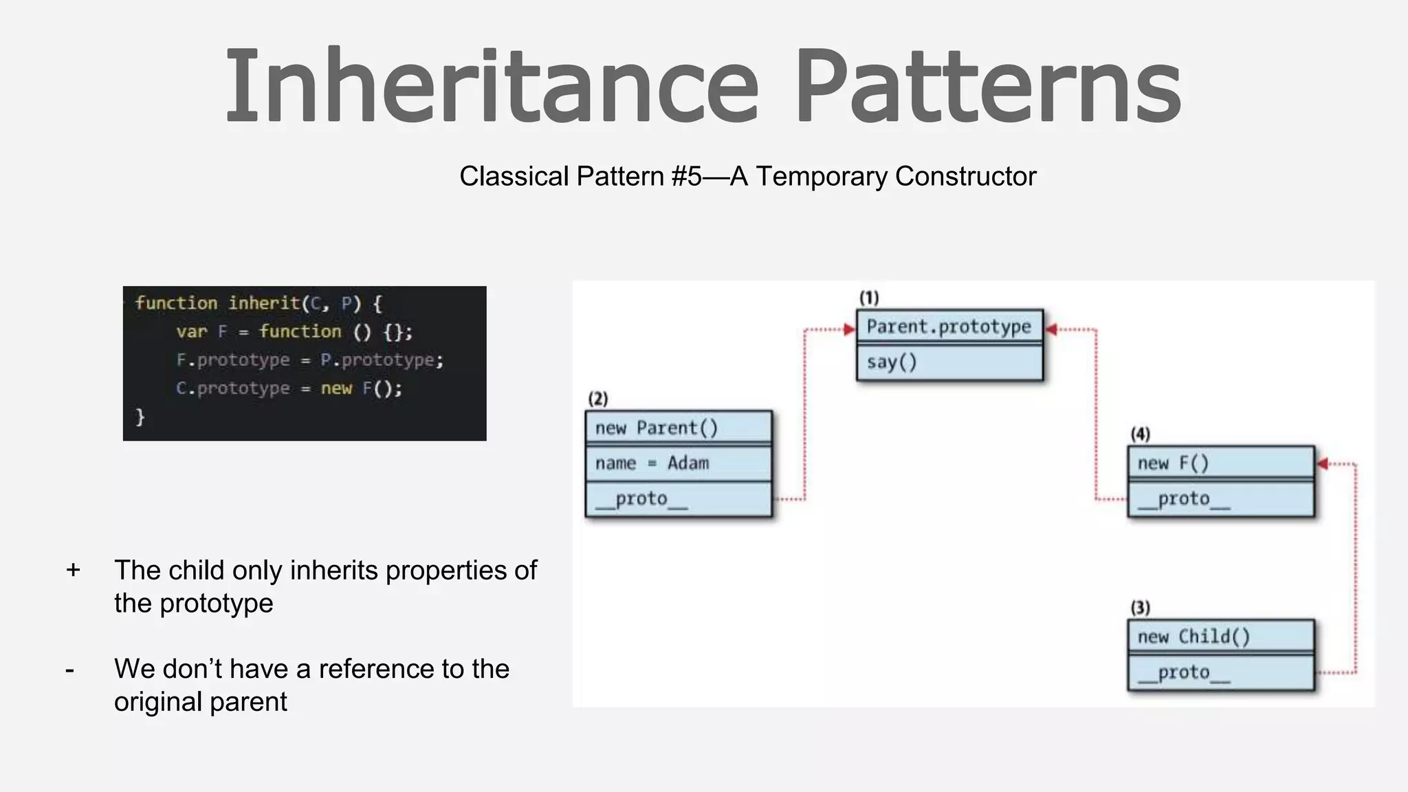 Classical Pattern #5—A Temporary Constructor
+ The child only inherits properties of
the prototype
- We don’t have a reference to the
original parent
 