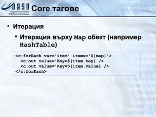 Core тагове Итерация Итерация върху  Map  обект (например  HashTable ) <c:forEach var='item' items='${map}'>  <c:out value='Key=${item.key} /> <c:out value='Key=${item.value} /> </c:forEach>  