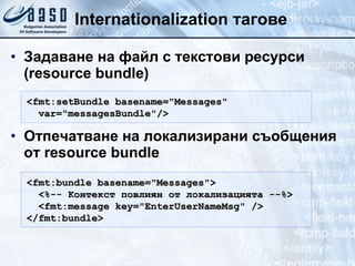 Internationalization  тагове Задаване на файл с текстови   ресурси  (resource bundle) Отпечатване на локализирани съобщения от  resource bundle <fmt:setBundle basename="Messages" var= " messagesBundle " /> <fmt:bundle basename="Messages"> <%-- Контекст повлиян от локализацията --%> <fmt:message key="EnterUserNameMsg" /> </fmt:bundle> 
