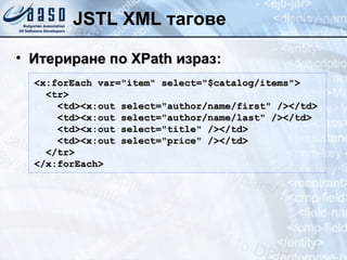 JSTL XML тагове Итериране по  XPath  израз: <x:forEach var="item" select="$catalog/items"> <tr> <td><x:out select="author/name/first" /></td> <td><x:out select="author/name/last" /></td> <td><x:out select="title" /></td> <td><x:out select="price" /></td> </tr> </x:forEach> 