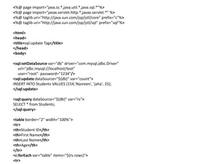 <%@ page import="java.io.*,java.util.*,java.sql.*"%>
<%@ page import="javax.servlet.http.*,javax.servlet.*" %>
<%@ taglib uri="http://java.sun.com/jsp/jstl/core" prefix="c"%>
<%@ taglib uri="http://java.sun.com/jsp/jstl/sql" prefix="sql"%>
<html>
<head>
<title>sql:update Tag</title>
</head>
<body>
<sql:setDataSource var="db" driver="com.mysql.jdbc.Driver"
url="jdbc:mysql://localhost/test"
user="root" password="1234"/>
<sql:update dataSource="${db}" var="count">
INSERT INTO Students VALUES (154,'Nasreen', 'jaha', 25);
</sql:update>
<sql:query dataSource="${db}" var="rs">
SELECT * from Students;
</sql:query>
<table border="2" width="100%">
<tr>
<th>Student ID</th>
<th>First Name</th>
<th>Last Name</th>
<th>Age</th>
</tr>
<c:forEach var="table" items="${rs.rows}">
<tr>
 
