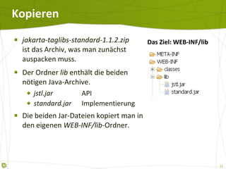 Kopieren jakarta-taglibs-standard-1.1.2.zip ist das Archiv, was man zunächst auspacken muss. Der Ordner  lib  enthält die beiden nötigen Java-Archive. jstl.jar API standard.jar Implementierung Die beiden Jar-Dateien kopiert man in den eigenen  WEB-INF/lib -Ordner. Das Ziel: WEB-INF/lib 