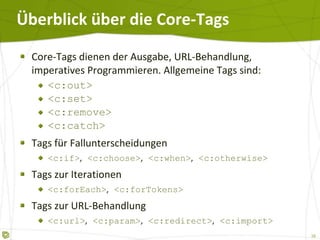 Überblick über die Core-Tags Core-Tags dienen der Ausgabe, URL-Behandlung, imperatives Programmieren. Allgemeine Tags sind: <c:out> <c:set> <c:remove> <c:catch> Tags für Fallunterscheidungen <c:if> ,   <c:choose> ,   <c:when> ,   <c:otherwise> Tags zur Iterationen <c:forEach> ,   <c:forTokens> Tags zur URL-Behandlung <c:url> ,   <c:param> ,   <c:redirect> ,   <c:import> 