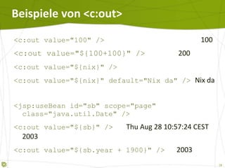 Beispiele von  <c:out> <c:out value="100" />   100 <c:out value="${100+100}" />   200 <c:out value="${nix}" /> <c:out value="${nix}" default="Nix da" />  Nix da <jsp:useBean id="sb" scope="page" class="java.util.Date" /> <c:out value="${sb}" />   Thu Aug 28 10:57:24 CEST 2003   <c:out value="${sb.year + 1900}" />   2003 