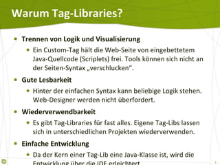 Warum Tag-Libraries? Trennen von Logik und Visualisierung Ein Custom-Tag hält die Web-Seite von eingebettetem Java-Quellcode (Scriplets) frei. Tools können sich nicht an der Seiten-Syntax „verschlucken“. Gute Lesbarkeit Hinter der einfachen Syntax kann beliebige Logik stehen. Web-Designer werden nicht überfordert. Wiederverwendbarkeit Es gibt Tag-Libraries für fast alles. Eigene Tag-Libs lassen sich in unterschiedlichen Projekten wiederverwenden. Einfache Entwicklung Da der Kern einer Tag-Lib eine Java-Klasse ist, wird die Entwicklung über die IDE erleichtert. 
