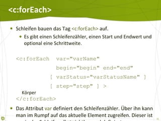 <c:forEach> Schleifen bauen das Tag  <c:forEach>  auf. Es gibt einen Schleifenzähler, einen Start und Endwert und optional eine Schrittweite. <c:forEach  var="varName"   begin="begin" end="end"   [ varStatus="varStatusName" ]   [ step="step" ] >     Körper </c:forEach> Das Attribut  var  definiert den Schleifenzähler. Über ihn kann man im Rumpf auf das aktuelle Element zugreifen. Dieser ist nur in der Schleife selbst sichtbar und definiert. 