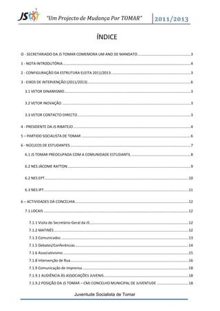 “Um Projecto de Mudança Por TOMAR”


                                                                      ÍNDICE

O - SECRETARIADO DA JS TOMAR COMEMORA UM ANO DE MANDATO .................................................... 3

1 - NOTA INTRODUTÓRIA ............................................................................................................................. 4

2 - CONFIGURAÇÃO DA ESTRUTURA ELEITA 2011/2013 .............................................................................. 3

3 - EIXOS DE INTERVENÇÃO (2011/2013) ..................................................................................................... 6

   3.1 VETOR DINAMISMO............................................................................................................................ 3

   3.2 VETOR INOVAÇÃO .............................................................................................................................. 3

   3.3 VETOR CONTACTO DIRECTO ............................................................................................................... 3

4 - PRESIDENTE DA JS RIBATEJO ................................................................................................................... 4

5 – PARTIDO SOCIALISTA DE TOMAR ........................................................................................................... 6

6 - NÚCLEOS DE ESTUDANTES ...................................................................................................................... 7

   6.1 JS TOMAR PREOCUPADA COM A COMUNIDADE ESTUDANTIL .......................................................... 8

   6.2 NES JÁCOME RATTON......................................................................................................................... 9

   6.2 NES EPT ............................................................................................................................................. 10

   6.3 NES IPT .............................................................................................................................................. 11

6 – ACTIVIDADES DA CONCELHIA ............................................................................................................... 12

   7.1 LOCAIS .............................................................................................................................................. 12

       7.1.1 Visita do Secretário-Geral da JS ................................................................................................. 12
       7.1.2 MATINÉS .................................................................................................................................... 12
       7.1.3 Comunicados ............................................................................................................................. 13
       7.1.5 Debates/Conferências ............................................................................................................... 14
       7.1.6 Associativismo ........................................................................................................................... 15
       7.1.8 Intervenção de Rua.................................................................................................................... 16
       7.1.9 Comunicação de Imprensa ........................................................................................................ 18
       7.1.9.1 AUDIÊNCIA ÀS ASSOCIAÇÕES JUVENIS ................................................................................... 18
       7.1.9.2 POSIÇÃO DA JS TOMAR – CMJ CONCELHO MUNICIPAL DE JUVENTUDE ............................... 18

                                                 Juventude Socialista de Tomar
 