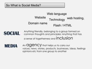 So What is Social Media?Web languageWebsiteweb hosting, TechnologyDomain nameFlash / HTMLSOCIAL Anything friendly, belonging to a group formed on common thoughts and principles: Anything that has a sense of togetherness and inclusionAn agency that helps us to carry our voices, news, stories, products, businesses, ideas, feelings opinions etc from one group to anotherMEDIA