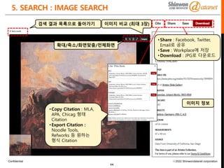 Confidential ⓒ2022 Shinwondatanet corporation
5. SEARCH : IMAGE SEARCH
11
검색 결과 목록으로 돌아가기
확대/축소/화면맞춤/전체화면
이미지 비교 (최대 3장)
이미지 정보
•Copy Citation : MLA,
APA, Chicag 형태
Citation
•Export Citation :
Noodle Tools,
Refworks 등 원하는
형식 Citation
•Share : Facebook, Twitter,
Email로 공유
•Save : Workplace에 저장
•Download : JPG로 다운로드
 
