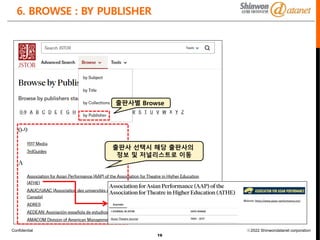 Confidential ⓒ2022 Shinwondatanet corporation
6. BROWSE : BY PUBLISHER
19
출판사별 Browse
출판사 선택시 해당 출판사의
정보 및 저널리스트로 이동
 