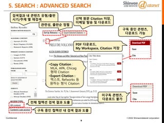 Confidential ⓒ2022 Shinwondatanet corporation
5. SEARCH : ADVANCED SEARCH
9
전체 컬렉션 검색 결과 도출
구독 중인 컬렉션 내 검색 결과 도출
구독 중인 콘텐츠,
다운로드 가능
검색결과 내 콘텐츠 유형/출판
시기/주제 별 재검색
관련성, 출판순 정렬
선택 원문 Citation 저장,
이메일 발송 및 다운로드
PDF 다운로드,
My Workspace, Citation 저장
미구독 콘텐츠,
다운로드 불가
•Copy Citation :
MLA, APA, Chicag
형태 Citation
•Export Citation :
텍스트, Refworks 등
원하는 형식 Citation
 