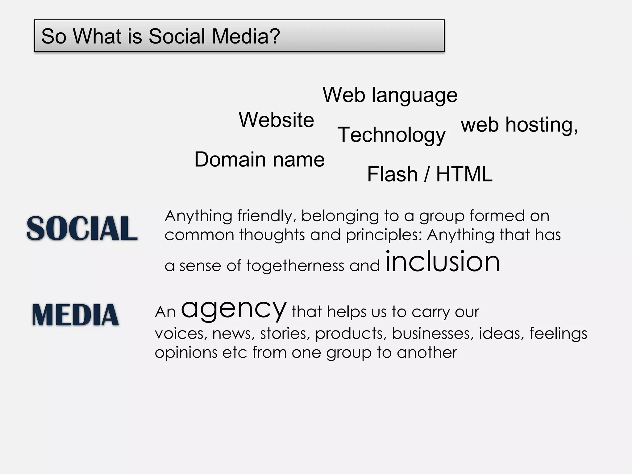So What is Social Media?Web languageWebsiteweb hosting, TechnologyDomain nameFlash / HTMLSOCIAL Anything friendly, belonging to a group formed on common thoughts and principles: Anything that has a sense of togetherness and inclusionAn agency that helps us to carry our voices, news, stories, products, businesses, ideas, feelings opinions etc from one group to anotherMEDIA