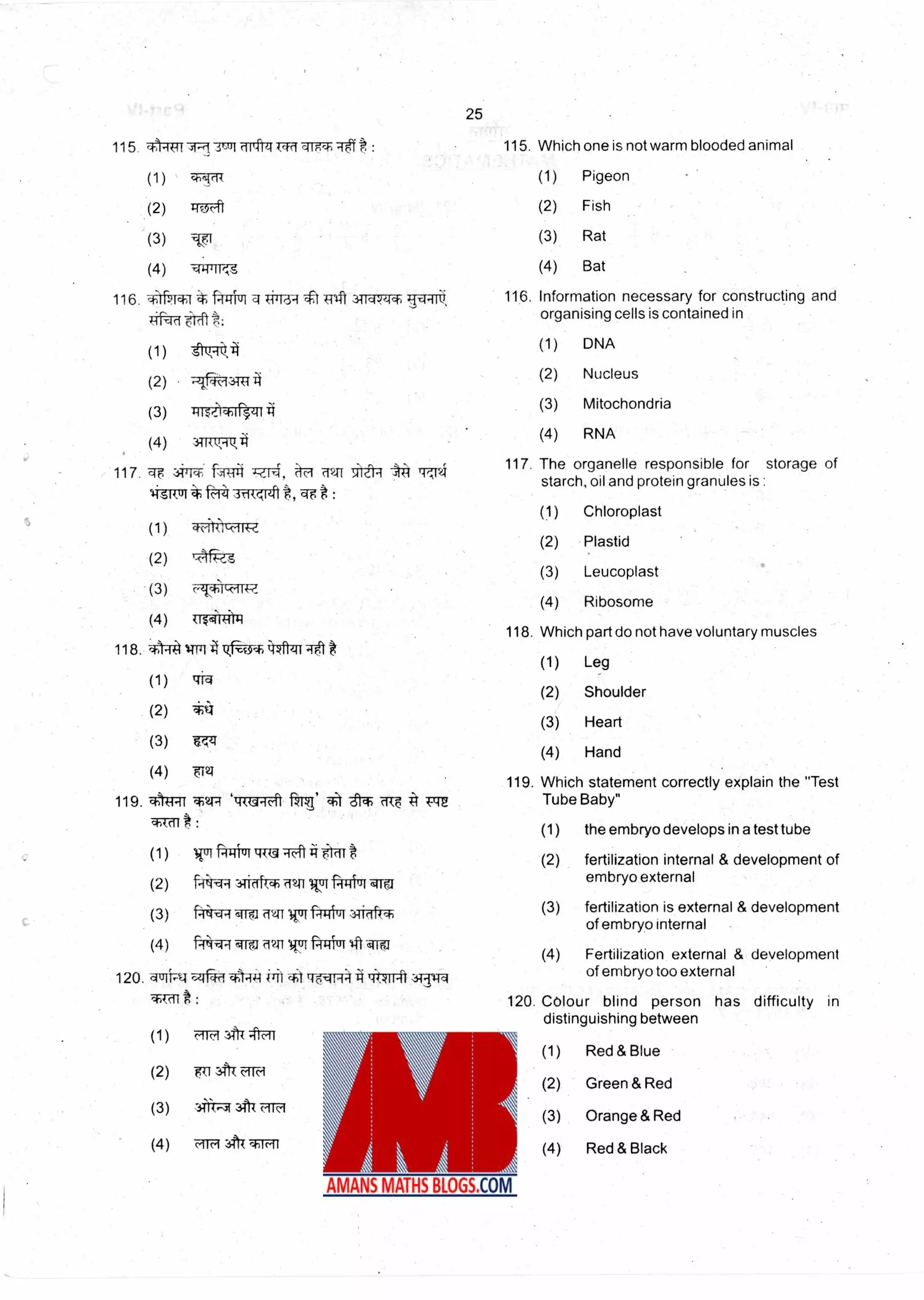 25
115 q-71-4Tri 3wI 144 c4Wcf-).-seit : 115. Which one is not warm blooded animal
(1) Pigeon
(2) Fish
(3) Rat
(4) Bat
116. Information necessary for constructing and
organising cells is contained in
(1) DNA
(2) Nucleus
(3) Mitochondria
(4) RNA
117. The organelle responsible for storage of
starch, oil and protein granules is :
(1) Chloroplast
(2) Plastid
(3) Leucoplast
(4) Ribosome
118. Which part do not have voluntary muscles
(1) Leg
(2) Shoulder
(3) Heart
(4) Hand
119. Which statement correctly explain the "Test
119. OW4T `14(u-i fj' cf.) TLM Tube Baby"
(1) c4rt i(
(2) T:F5-41
( 3 )
(4) -41-1417.je.,
116. 1111,9.14-J 341-174-4;
4N--d itt
(1) tc*.,11
(2) • ft3ITT
(3) 4-11$,ilcbtreii
(4) ,3-ii(vs-iv,i4
117 qF sin* Tarfri, Illd TrIt2i
, c4 :
(1) Groko-cit
(2) TA.
• (3) (-7T- ILM4.
(4) kiaii414-i
118. 044 %T1 A-12,r-49*4711-4T
(1) tri-4
(2) *4
(3)
(4) 'FM
(1)
(1)
(2)VI f-44T11:1 -141
(2) Wiag 34irika, mri TIT fiTriur qio
(3) f4iitvR <415.i i 5* (3)
(4) F-1;‘q-i•qm m-rt f-41:67 %ft qrgl
(4)
120. clufiv-4 T-41-411'044-4 iT <4 t W6-.44414 Tit.V11-41 3,T-111-q
the embryo develops in a test tube
fertilization internal & development of
embryo external
fertilization is external & development
of embryo internal
Fertilization external & development
of embryo too external
120. Colour blind person has difficulty in
distinguishing between
(1) Red & Blue
(2) Green & Red
(3) Orange & Red
(4) Red & Black
 