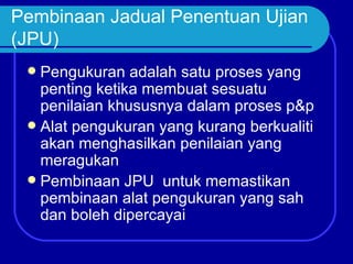 Pembinaan Jadual Penentuan Ujian
(JPU)
  Pengukuran adalah satu proses yang
   penting ketika membuat sesuatu
   penilaian khususnya dalam proses p&p
  Alat pengukuran yang kurang berkualiti
   akan menghasilkan penilaian yang
   meragukan
  Pembinaan JPU untuk memastikan
   pembinaan alat pengukuran yang sah
   dan boleh dipercayai
 