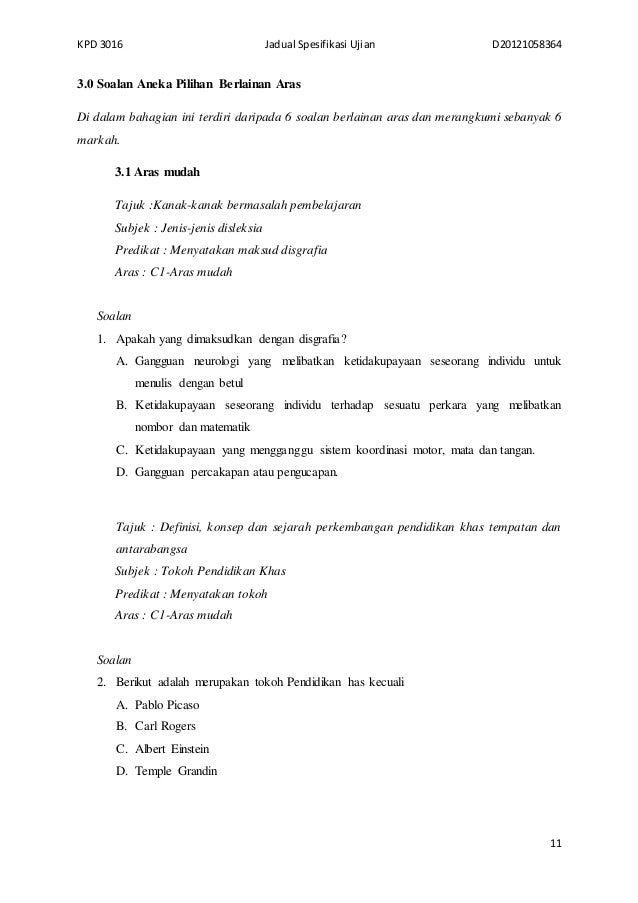 Jadual Spesifikasi Ujian Jadual Spesifikasi Ujian
