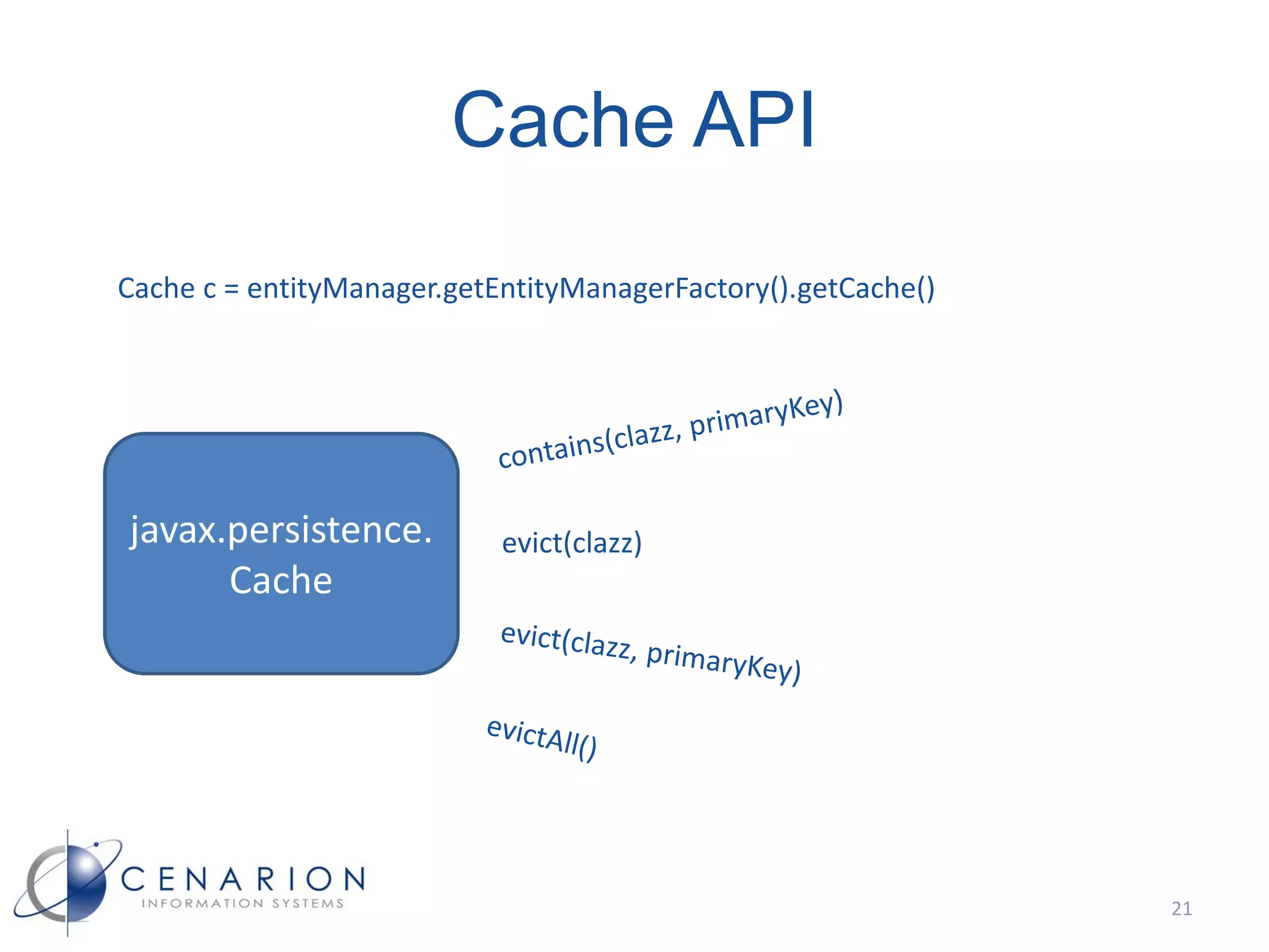 Cache API
Cache c = entityManager.getEntityManagerFactory().getCache()




javax.persistence.          evict(clazz)
      Cache




                                                               21
 