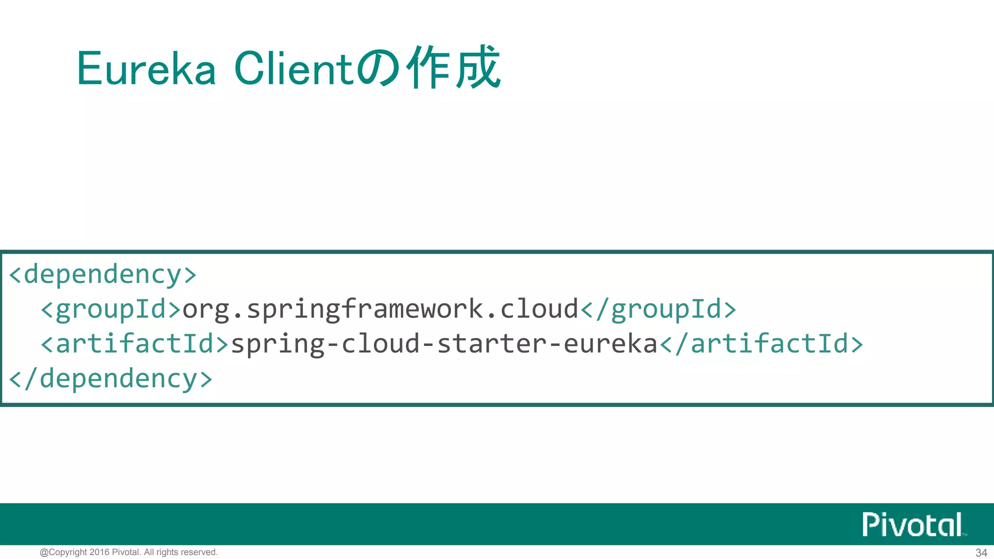 34@Copyright 2016 Pivotal. All rights reserved.
インメモリのキャッシュにメタデータを保持し
ているので、自動復旧機能があるプラットフ
ォーム(Cloud Foundryなど)上であれば
Stand Aloneモードで十分
 