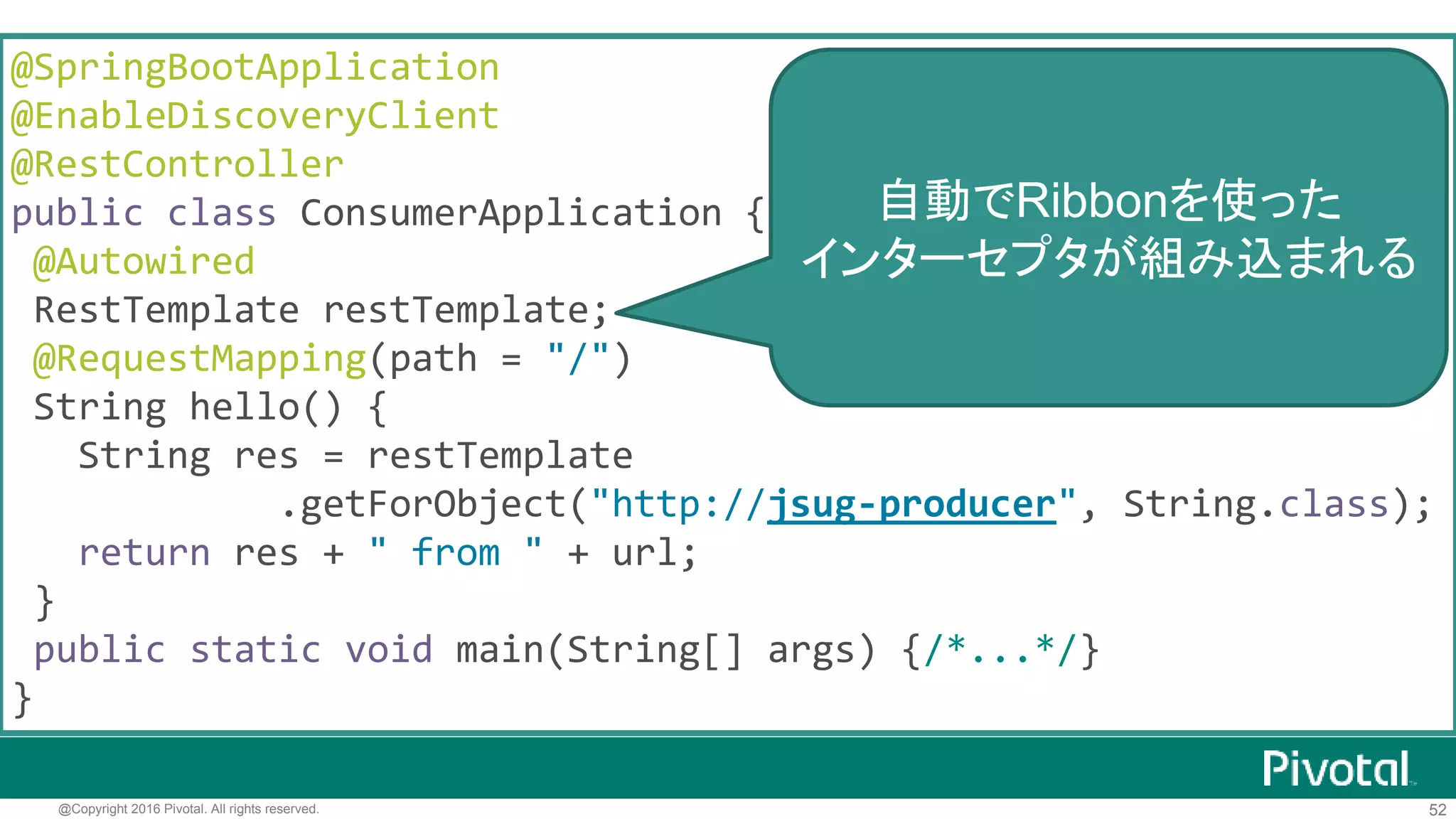 52@Copyright 2016 Pivotal. All rights reserved.
Service ProducerService Producer
Service Consumer
Service Producer
Service Registry
Load Balancer
Load Balancerあり
 