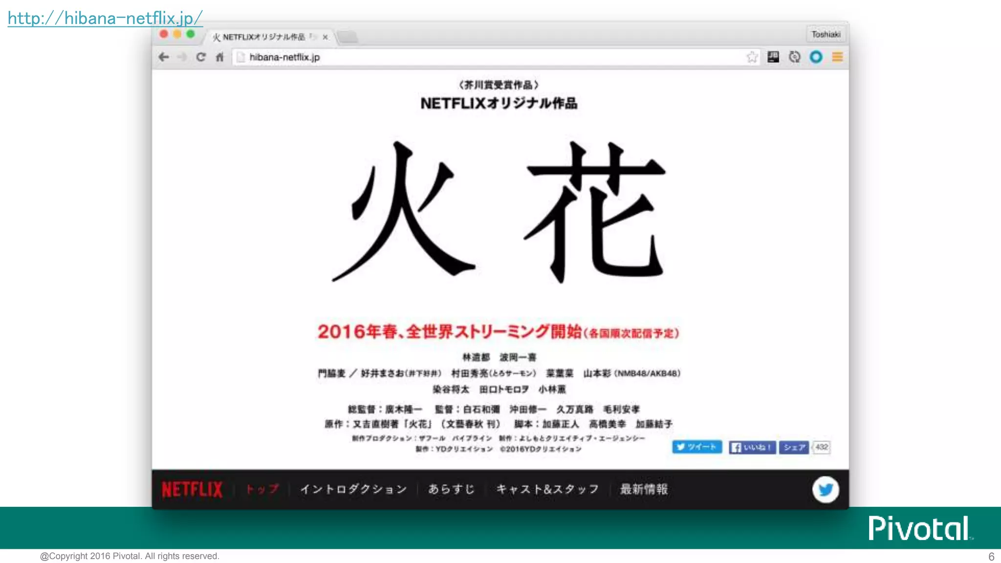 6@Copyright 2016 Pivotal. All rights reserved.
2015年9月1日 日本でもストーリーミングサービス開始
 