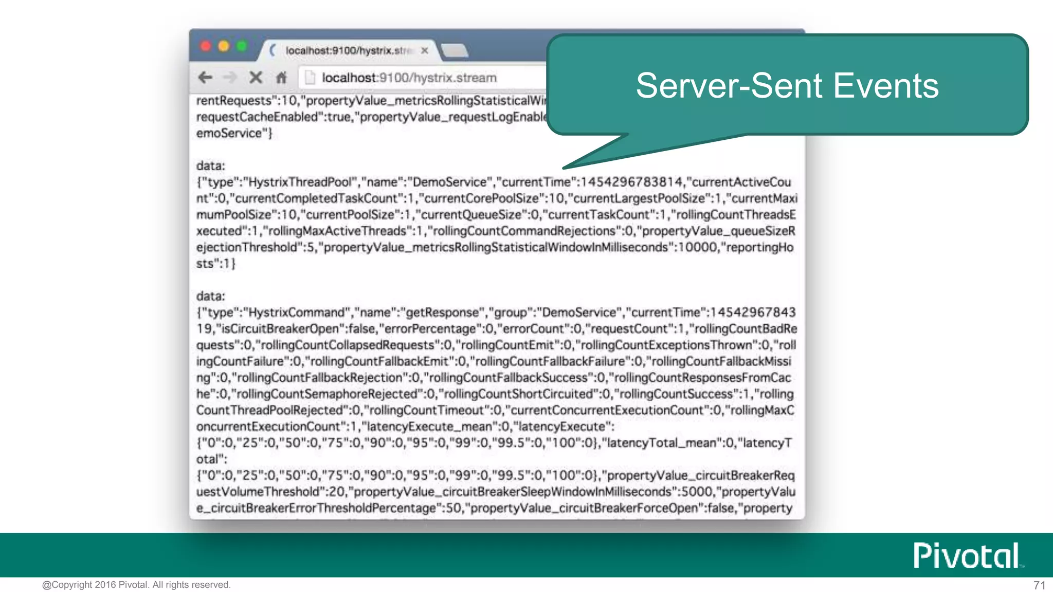71@Copyright 2016 Pivotal. All rights reserved.
Hystrix Metrics Stream
<dependency>
<groupId>org.springframework.boot</groupId>
<artifactId>spring-cloud-starter-actuator</artifactId>
</dependency>
エンドポイント/hystrix.stream
が追加される
 