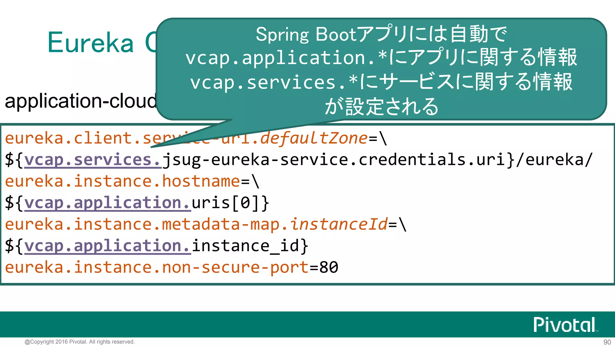 90@Copyright 2016 Pivotal. All rights reserved.
Eureka Clientのデプロイ
eureka.client.service-url.defaultZone=
${vcap.services.jsug-eureka-service.credentials.uri}/eureka/
eureka.instance.hostname=
${vcap.application.uris[0]}
eureka.instance.metadata-map.instanceId=
${vcap.application.instance_id}
eureka.instance.non-secure-port=80
application-cloud.properties
CF上では自動でcloudプロフ
ァイルが適用される
 