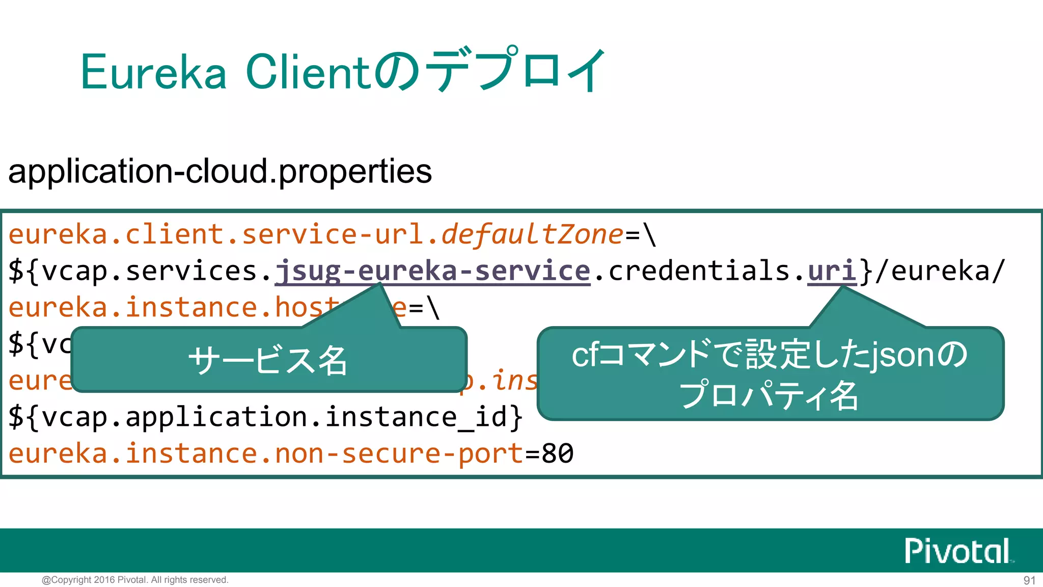 91@Copyright 2016 Pivotal. All rights reserved.
Eureka Clientのデプロイ
eureka.client.service-url.defaultZone=
${vcap.services.jsug-eureka-service.credentials.uri}/eureka/
eureka.instance.hostname=
${vcap.application.uris[0]}
eureka.instance.metadata-map.instanceId=
${vcap.application.instance_id}
eureka.instance.non-secure-port=80
application-cloud.properties
Spring Bootアプリには自動で
vcap.application.*にアプリに関する情報
vcap.services.*にサービスに関する情報
が設定される
 