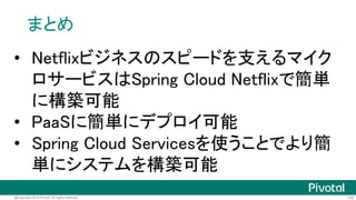 105@Copyright 2016 Pivotal. All rights reserved.
<dependency>
<groupId>io.pivotal.spring.cloud</groupId>
<artifactId>spring-cloud-services-starter-service-registry</artifactId>
<groupId>1.0.2.RELEASE</groupId>
</dependency>
現時点でSpring CloudはAngel.SR4
にしか対応していないこの依存関係を追加すれば
Eureka Client側にEureka Serverの設定
が不要になる
 