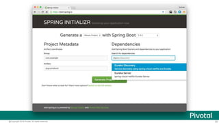 35@Copyright 2016 Pivotal. All rights reserved.
Eureka Clientの作成
<dependency>
<groupId>org.springframework.cloud</groupId>
<artifactId>spring-cloud-starter-eureka</artifactId>
</dependency>
 