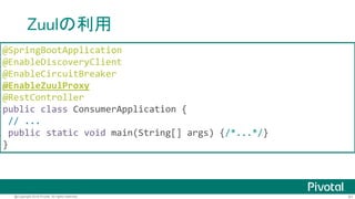 81@Copyright 2016 Pivotal. All rights reserved.
Zuulの利用
<dependency>
<groupId>org.springframework.cloud</groupId>
<artifactId>spring-cloud-starter-zuul</artifactId>
</dependency>
 