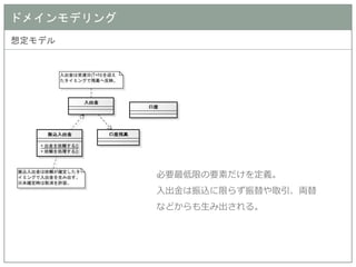 ドメインモデリング 
想定モデル 
必要最低限の要素だけを定義。 
入出金は振込に限らず振替や取引、両替 などからも生み出される。  