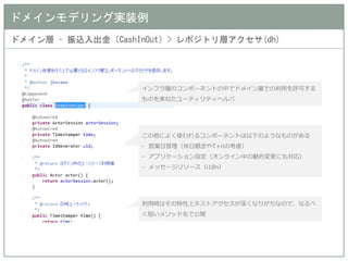 ドメインモデリング実装例 
ドメイン層 – 振込入出金（CashInOut）> レポジトリ層アクセサ(dh) 
インフラ層のコンポーネントの中でドメイン層での利用を許可する ものを束ねたユーティリティヘルパ 
利用時はその特性上ネストアクセスが深くなりがちなので、なるべ く短いメソッド名で公開 
この他によく使われるコンポーネントは以下のようなものがある 
-営業日管理（休日概念やT+nの考慮） 
-アプリケーション設定（オンライン中の動的変更にも対応） 
-メッセージリソース（i18n）  