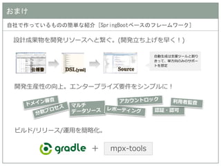おまけ 
自社で作っているものの簡単な紹介 [SpringBootベースのフレームワーク] 
設計成果物を開発リソースへと繋ぐ。(開発立ち上げを早く！) 
自動生成は支援ツールと割り きって、単方向のみのサポー トを想定 
開発生産性の向上。エンタープライズ要件をシンプルに！ 
認証・認可 
ビルド/リリース/運用を簡略化。 
＋ 
mpx-tools  