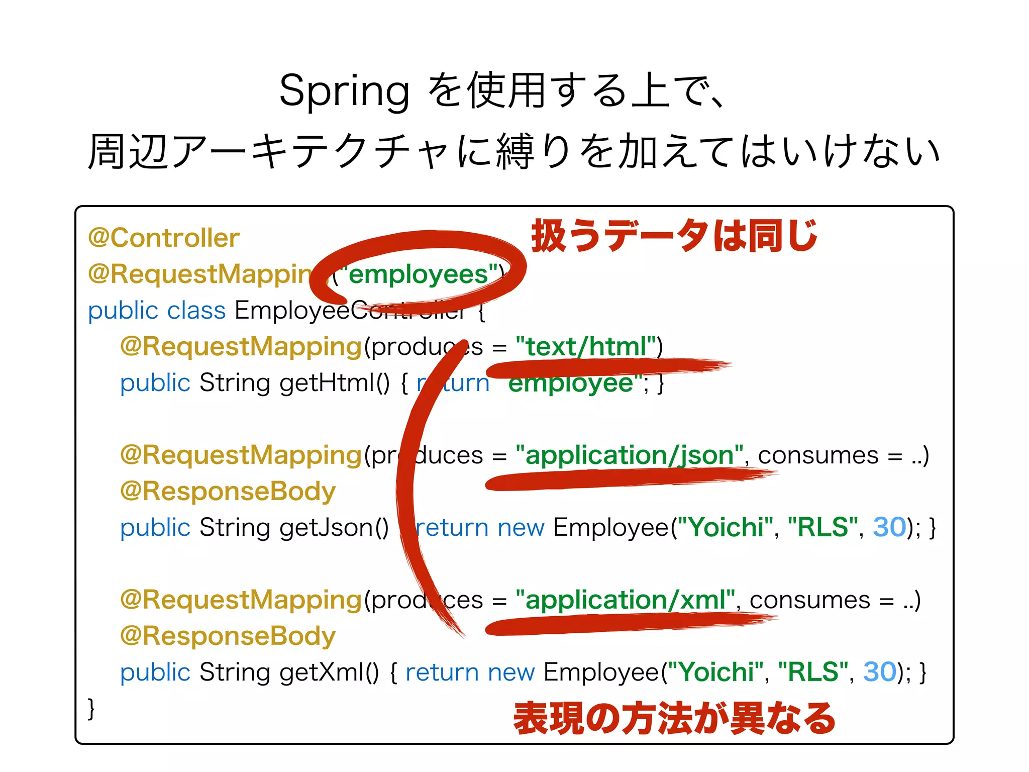 Spring を使用する上で、 
周辺アーキテクチャに縛りを加えてはいけない
@Controller 
@RequestMapping("employees") 
public class EmployeeController { 
@RequestMapping(produces = "text/html")
public String getHtml() { return "employee"; } 
 
@RequestMapping(produces = "application/json", consumes = ..) 
@ResponseBody 
public String getJson() { return new Employee("Yoichi", "RLS", 30); }
@RequestMapping(produces = "application/xml", consumes = ..) 
@ResponseBody 
public String getXml() { return new Employee("Yoichi", "RLS", 30); }
}
扱うデータは同じ
表現の方法が異なる
 