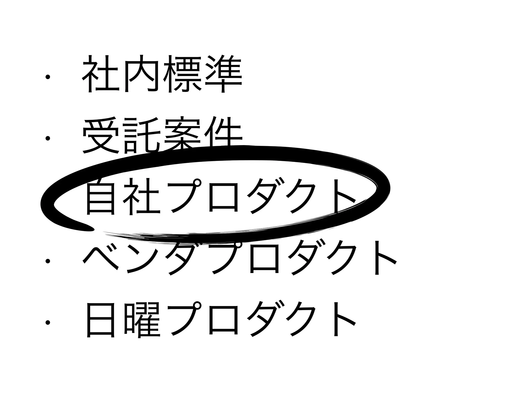 • 社内標準
• 受託案件
• 自社プロダクト
• ベンダプロダクト
• 日曜プロダクト
 