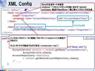 16Copyright © 2016 NTT DATA Corporation.
XML Config
<beans xmlns="...略">
<bean id="accountService" class="com.example.Acco...