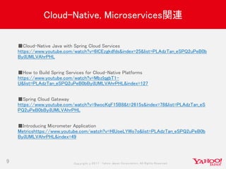 Copyrig ht © 2017 Yahoo Japan Corporation. All Rig hts Reserved.
Cloud-Native, Microservices関連
9
■Cloud-Native Java with Spring Cloud Services
https://www.youtube.com/watch?v=6lCEzgkdfds&index=25&list=PLAdzTan_eSPQ2uPeB0b
ByiIUMLVAhrPHL
■How to Build Spring Services for Cloud-Native Platforms
https://www.youtube.com/watch?v=MbzIqgbT1-
U&list=PLAdzTan_eSPQ2uPeB0bByiIUMLVAhrPHL&index=127
■Spring Cloud Gateway
https://www.youtube.com/watch?v=9wocKqF15B8&t=2615s&index=78&list=PLAdzTan_eS
PQ2uPeB0bByiIUMLVAhrPHL
■Introducing Micrometer Application
Metricshttps://www.youtube.com/watch?v=HIUoeLYWo7o&list=PLAdzTan_eSPQ2uPeB0b
ByiIUMLVAhrPHL&index=49
 