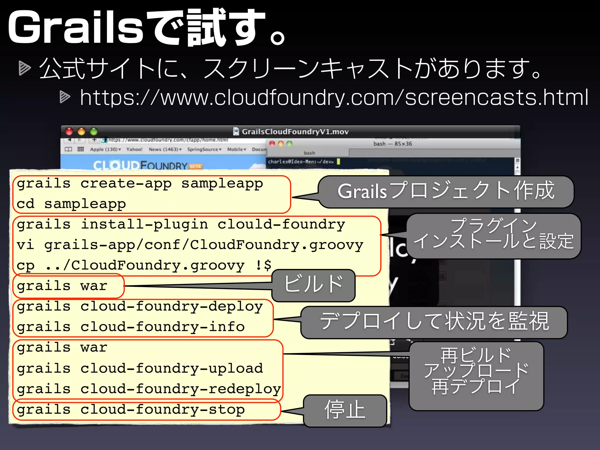 grails create-app sampleapp
cd sampleapp
                                   Grails
grails install-plugin clould-foundry
vi grails-app/conf/CloudFoundry.groovy
cp ../CloudFoundry.groovy !$
grails war
grails cloud-foundry-deploy
grails cloud-foundry-info
grails war
grails cloud-foundry-upload
grails cloud-foundry-redeploy
grails cloud-foundry-stop
 