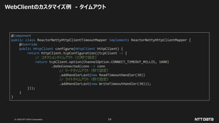 © 2020 NTT DATA Corporation 14
WebClientのカスタマイズ例 - タイムアウト
@Component
public class ReactorNettyHttpClientTimeoutMapper implements ReactorNettyHttpClientMapper {
@Override
public HttpClient configure(HttpClient httpClient) {
return httpClient.tcpConfiguration((tcpClient -> {
// コネクションタイムアウト（ミリ秒で設定）
return tcpClient.option(ChannelOption.CONNECT_TIMEOUT_MILLIS, 1000)
.doOnConnected(conn -> conn
// リードタイムアウト（秒で設定）
.addHandlerLast(new ReadTimeoutHandler(30))
// ライトタイムアウト（秒で設定）
.addHandlerLast(new WriteTimeoutHandler(30)));
}));
}
}
 