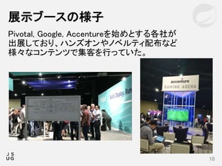 Pivotal, Google, Accentureを始めとする各社が
出展しており、ハンズオンやノベルティ配布など
様々なコンテンツで集客を行っていた。
展示ブースの様子
10
 