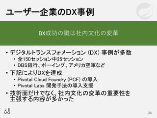 • デジタルトランスフォメーション (DX) 事例が多数
• 全150セッション中25セッション
• DBS銀行、ボーイング、アメリカ空軍など
• 下記によりDXを達成
• Pivotal Cloud Foundry (PCF) の導入
• Pivotal Labs 開発手法の導入支援
• 技術面だけでなく、社内文化の変革の重要性を
主張する内容が多かった
ユーザー企業のDX事例
34
DX成功の鍵は社内文化の変革
 