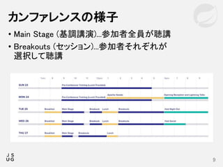 • Main Stage (基調講演)...参加者全員が聴講
• Breakouts (セッション)...参加者それぞれが
選択して聴講
カンファレンスの様子
9
 