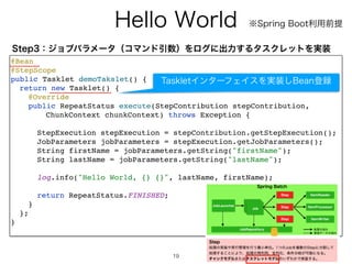 )FMMP8PSME
19
@Bea
n

@StepScop
e

public Tasklet demoTakslet()
{

return new Tasklet()
{

@Overrid
e

public RepeatStatus execute(StepContribution stepContribution
,

ChunkContext chunkContext) throws Exception
{

StepExecution stepExecution = stepContribution.getStepExecution()
;

JobParameters jobParameters = stepExecution.getJobParameters()
;

String firstName = jobParameters.getString(firstName)
;

String lastName = jobParameters.getString(lastName)
;

log.info(Hello World, {} {}, lastName, firstName)
;

return RepeatStatus.FINISHED
;

}

}
;

}

4UFQɿδϣϒύϥϝʔλʢίϚϯυҾ਺ʣΛϩάʹग़ྗ͢ΔλεΫϨοτΛ࣮૷
˞4QSJOH#PPUར༻લఏ
5BTLMFUΠϯλʔϑΣΠεΛ࣮૷͠#FBOొ࿥
 