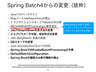 4QSJOH#BUDI͔Βͷมߋʢൈਮʣ
42
42
w +BWB͕ϕʔεϥΠϯ
w .BQϕʔε+PC3FQPTJUPSZͷഇࢭ
w τϥϯβΫγϣϯϚωʔδϟ#FBO͕ඇެ։
w !OBCMF#BUDI1SPDFTTJOHʹଐੑ௥Ճ
w +PC΍4UFQͷ#FBO࡞੒ํ๏ͷมߋ
w δϣϒύϥϝʔλͷ‫ܕ‬ɺࢦఆ‫ࣜܗ‬ͷมߋ
w +43 K#BUDI ࣮૷ͷ࡟আ
w %#εΩʔϚͷมߋ
w +BWBSFDPSET +BWB ΁ͷରԠ
w 4QSJOH#PPUͰ!OBCMF#BUDI1SPDFTTJOH͕ෆཁ
w %FGBVMU#BUDI$PO
fi
HVSBUJPO
w 4QSJOH#PPUͷෳ਺+PC࣮ߦ‫ػ‬ೳͷഇࢭ
IUUQTHJUIVCDPNTQSJOHQSPKFDUTTQSJOHCPPUXJLJ4QSJOH#PPU.JHSBUJPO(VJEFTQSJOHCBUDIDIBOHFT
IUUQTEPDTTQSJOHJPTQSJOHCBUDIEPDTSFGFSFODFIUNMXIBUTOFXIUNMXIBUT/FX
+PC3FQPTJUPSZ͕࢖͏+%#$
σʔλιʔε΍τϥϯβΫγϣ
ϯϚωʔδϟΛΧελϜՄೳ
 