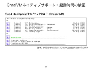 (SBBM7.ωΠςΟϒαϙʔτɿ‫ى‬ಈ࣌ؒͷ‫ূݕ‬
64
64
4UFQɿCVJMEQBDLTͰωΠςΟϒϏϧυʢ%PDLFSඞཁʣ
$ mvn -Pnative spring-boot:build-image
...
[INFO] [creator] [1/7] Initializing... (15.3s @ 0.15GB)
[INFO] [creator] [2/7] Performing analysis... [********] (221.6s @ 2.13GB)
[INFO] [creator] [3/7] Building universe... (34.7s @ 2.88GB)
[INFO] [creator] [4/7] Parsing methods... [*****] (23.0s @ 1.97GB)
[INFO] [creator] [5/7] Inlining methods... [***] (14.5s @ 2.43GB)
[INFO] [creator] [6/7] Compiling methods... [*************] (177.1s @ 2.48GB)
[INFO] [creator] [7/7] Creating image... (16.4s @ 3.38GB)
...
[INFO] ------------------------------------------------------------------------
[INFO] BUILD SUCCESS
[INFO] ------------------------------------------------------------------------
[INFO] Total time: 10:17 min
[INFO] Finished at: 2023-03-08T22:39:04+09:00
[INFO] Final Memory: 32M/120M
[INFO] ------------------------------------------------------------------------
ʢࢀߟʣ%PDLFS%FTLUPQʹ$16(#ׂ౰!.BDCPPL
 